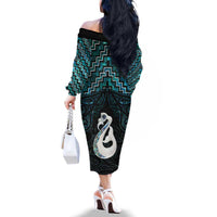 New Zealand Maori Family Matching Off The Shoulder Long Sleeve Dress and Hawaiian Shirt Poutama Manaia Turquoise Paua Shell LT05 - Polynesian Pride