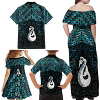 New Zealand Maori Family Matching Off Shoulder Maxi Dress and Hawaiian Shirt Poutama Manaia Turquoise Paua Shell LT05 - Polynesian Pride