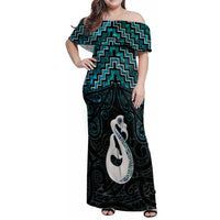 New Zealand Maori Family Matching Off Shoulder Maxi Dress and Hawaiian Shirt Poutama Manaia Turquoise Paua Shell LT05 Mom's Dress Turquoise - Polynesian Pride