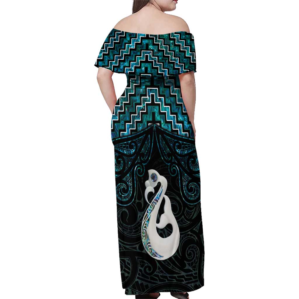 New Zealand Maori Family Matching Off Shoulder Maxi Dress and Hawaiian Shirt Poutama Manaia Turquoise Paua Shell LT05 - Polynesian Pride