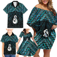 New Zealand Maori Family Matching Off Shoulder Short Dress and Hawaiian Shirt Poutama Manaia Turquoise Paua Shell LT05 - Polynesian Pride
