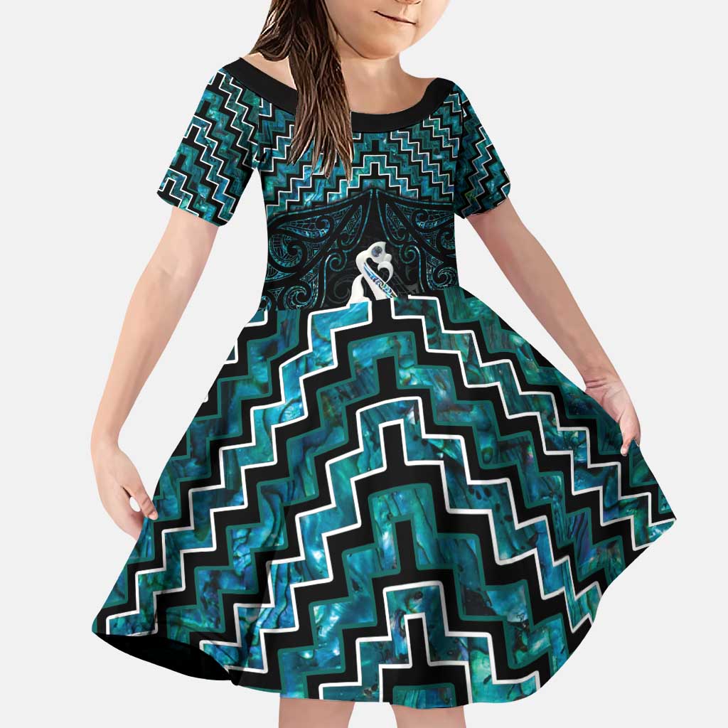 New Zealand Maori Family Matching Puletasi and Hawaiian Shirt Poutama Manaia Turquoise Paua Shell LT05 Daughter's Dress Turquoise - Polynesian Pride