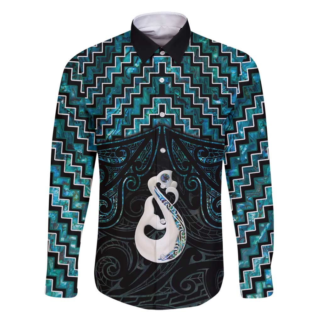 New Zealand Maori Family Matching Puletasi and Hawaiian Shirt Poutama Manaia Turquoise Paua Shell LT05 Dad's Shirt - Long Sleeve Turquoise - Polynesian Pride