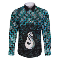 New Zealand Maori Family Matching Puletasi and Hawaiian Shirt Poutama Manaia Turquoise Paua Shell LT05 Dad's Shirt - Long Sleeve Turquoise - Polynesian Pride