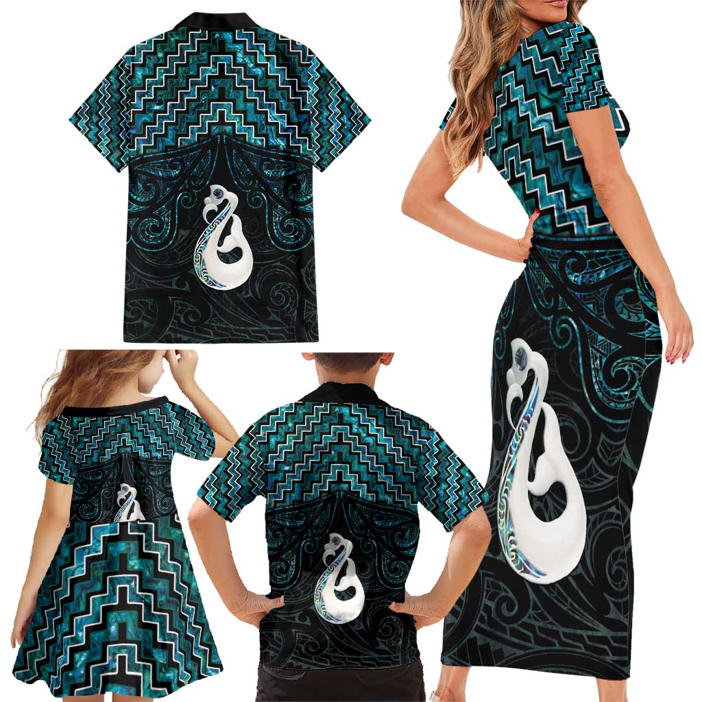 New Zealand Maori Family Matching Short Sleeve Bodycon Dress and Hawaiian Shirt Poutama Manaia Turquoise Paua Shell LT05 - Polynesian Pride