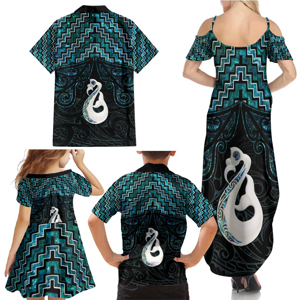 New Zealand Maori Family Matching Summer Maxi Dress and Hawaiian Shirt Poutama Manaia Turquoise Paua Shell LT05 - Polynesian Pride