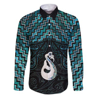 New Zealand Maori Family Matching Summer Maxi Dress and Hawaiian Shirt Poutama Manaia Turquoise Paua Shell LT05 Dad's Shirt - Long Sleeve Turquoise - Polynesian Pride