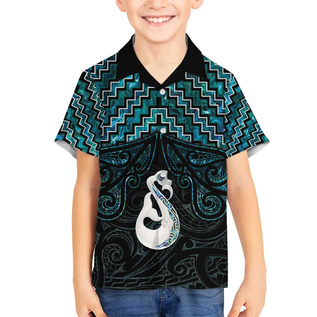 New Zealand Maori Family Matching Summer Maxi Dress and Hawaiian Shirt Poutama Manaia Turquoise Paua Shell LT05 Son's Shirt Turquoise - Polynesian Pride