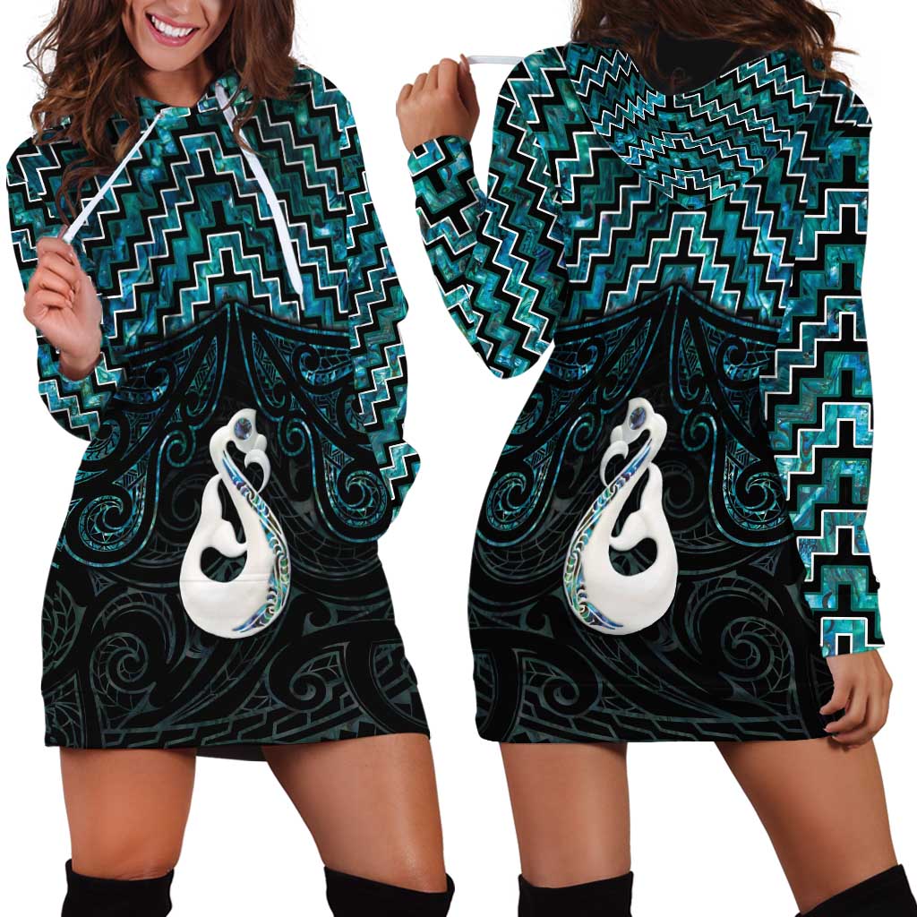 New Zealand Maori Hoodie Dress Poutama Manaia Turquoise Paua Shell LT05 - Polynesian Pride