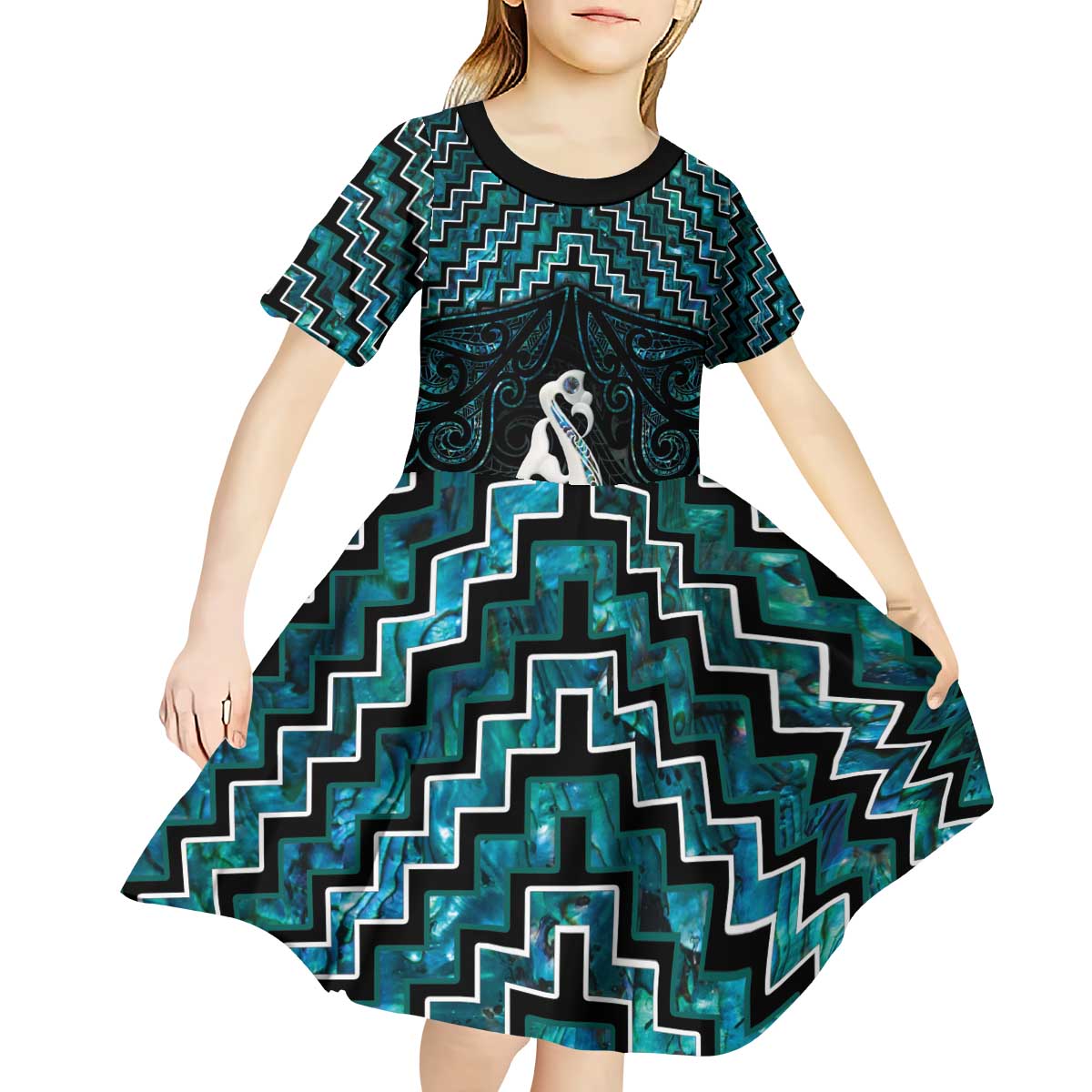 New Zealand Maori Kid Short Sleeve Dress Poutama Manaia Turquoise Paua Shell LT05 - Polynesian Pride