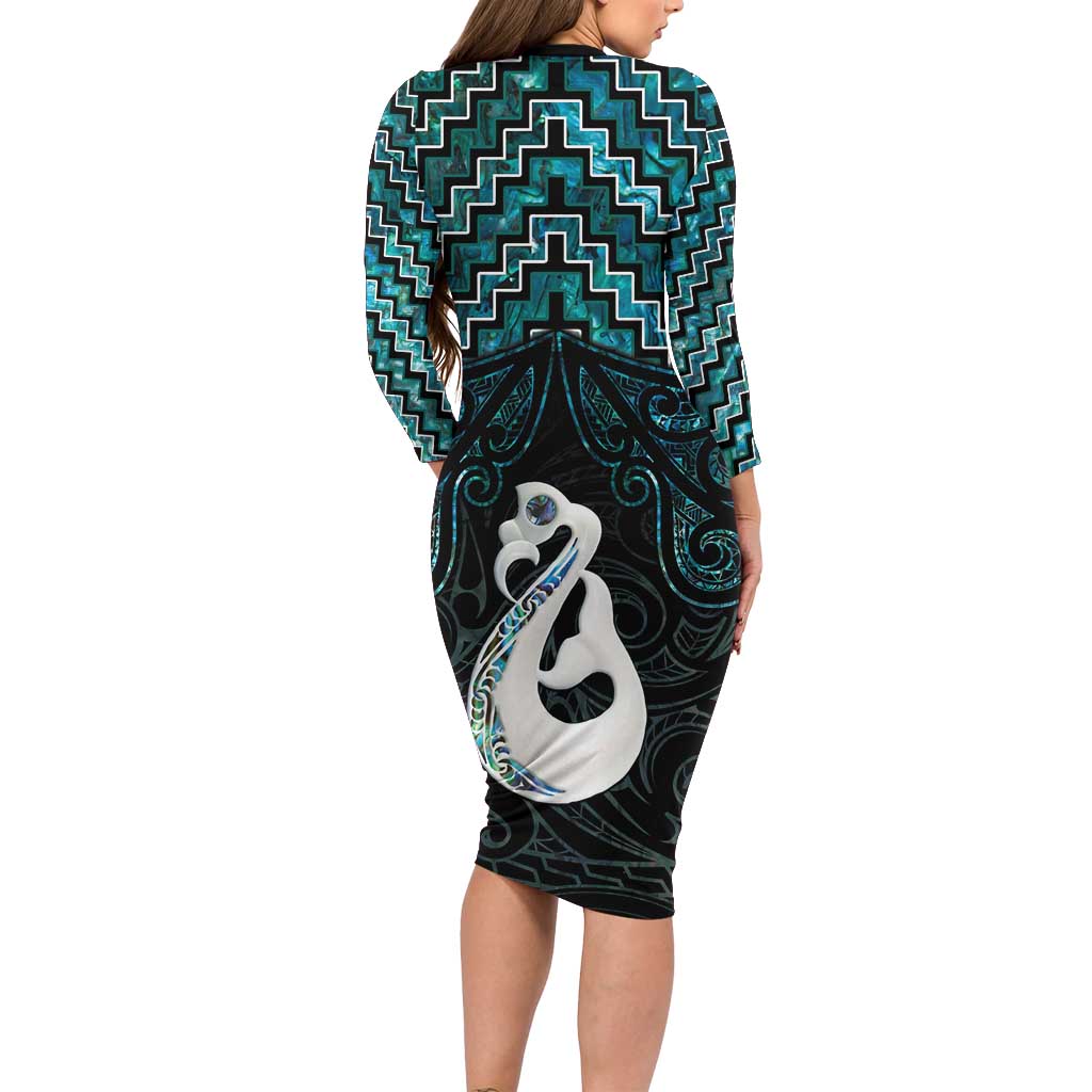New Zealand Maori Long Sleeve Bodycon Dress Poutama Manaia Turquoise Paua Shell LT05 - Polynesian Pride