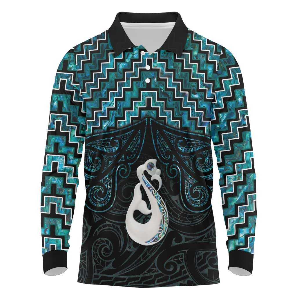 New Zealand Maori Long Sleeve Polo Shirt Poutama Manaia Turquoise Paua Shell LT05 Turquoise - Polynesian Pride