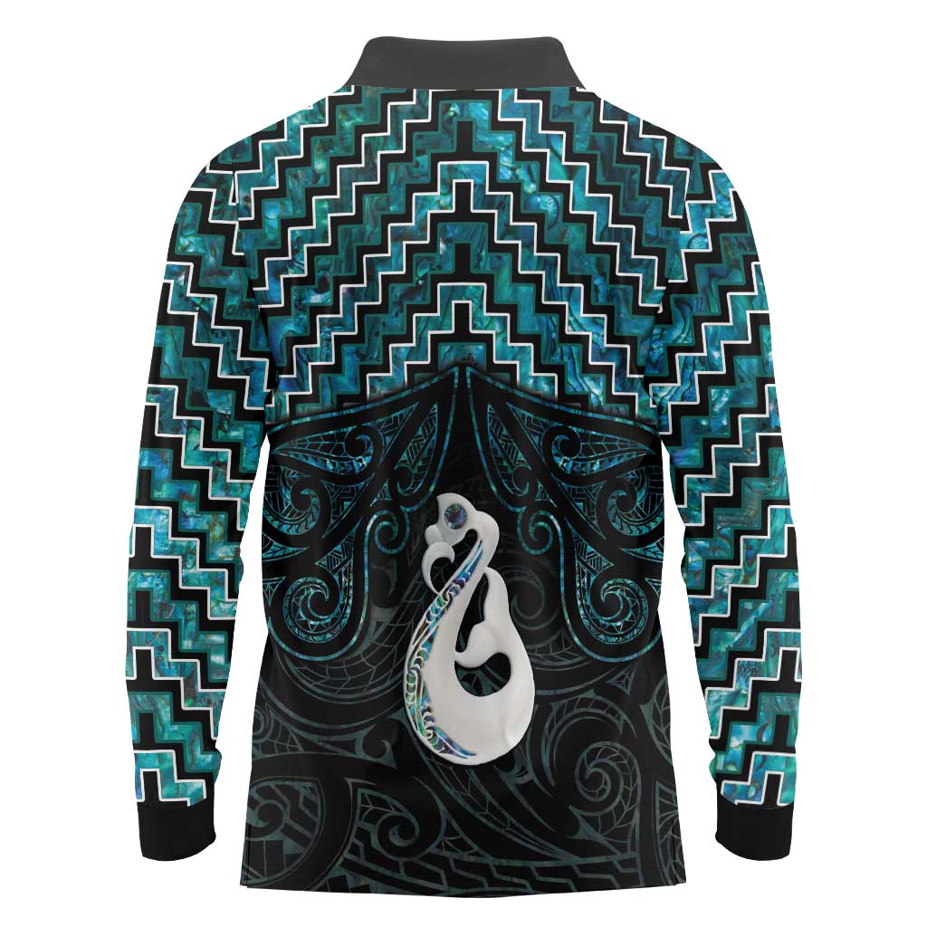 New Zealand Maori Long Sleeve Polo Shirt Poutama Manaia Turquoise Paua Shell LT05 - Polynesian Pride