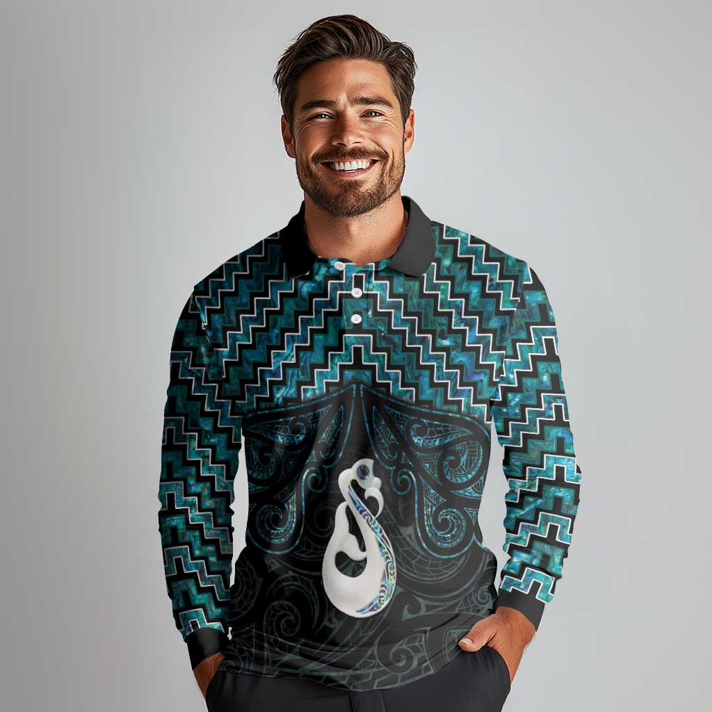 New Zealand Maori Long Sleeve Polo Shirt Poutama Manaia Turquoise Paua Shell LT05 - Polynesian Pride