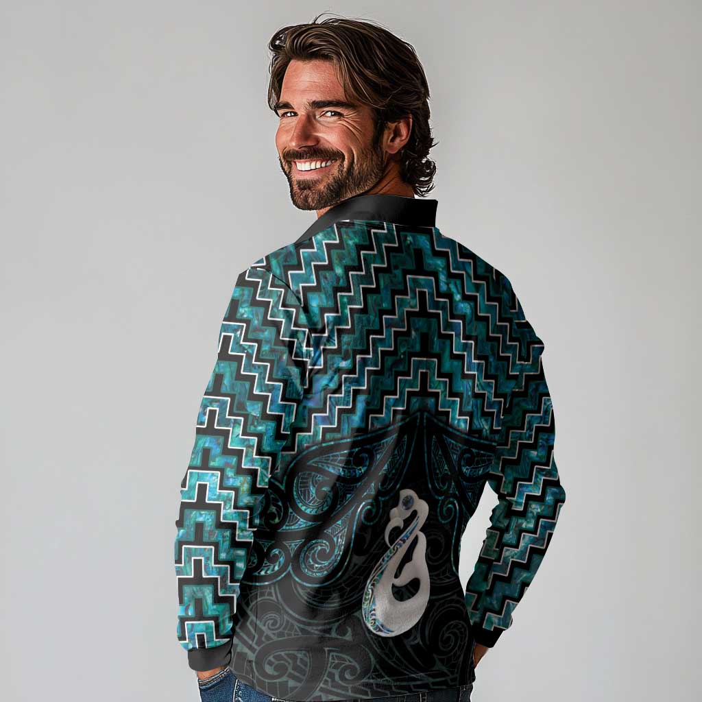 New Zealand Maori Long Sleeve Polo Shirt Poutama Manaia Turquoise Paua Shell LT05 - Polynesian Pride