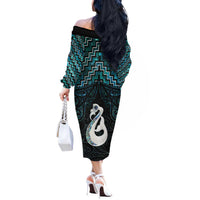 New Zealand Maori Off The Shoulder Long Sleeve Dress Poutama Manaia Turquoise Paua Shell LT05 - Polynesian Pride