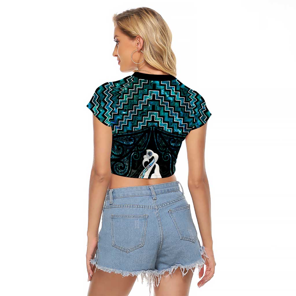 New Zealand Maori Raglan Cropped T Shirt Poutama Manaia Turquoise Paua Shell
