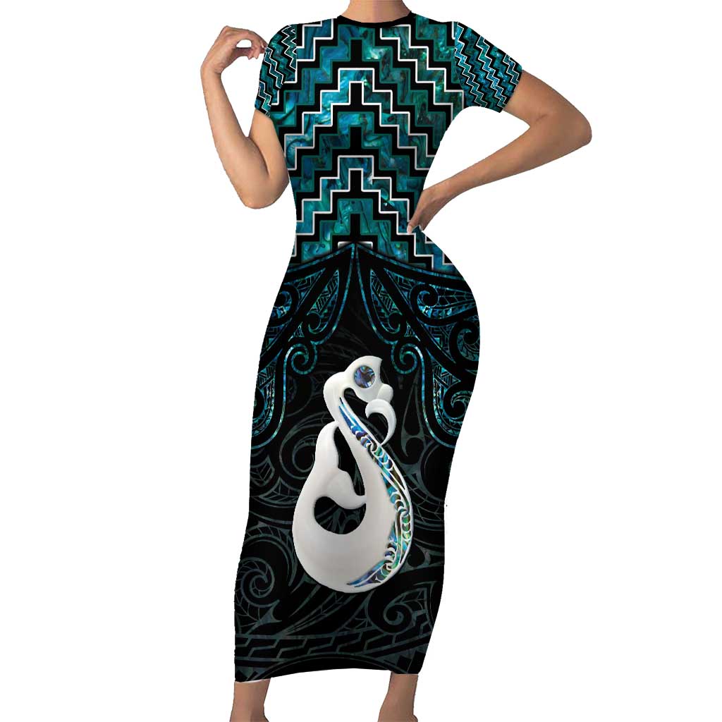 New Zealand Maori Short Sleeve Bodycon Dress Poutama Manaia Turquoise Paua Shell LT05 Long Dress Turquoise - Polynesian Pride