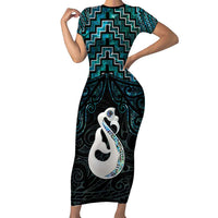New Zealand Maori Short Sleeve Bodycon Dress Poutama Manaia Turquoise Paua Shell LT05 Long Dress Turquoise - Polynesian Pride