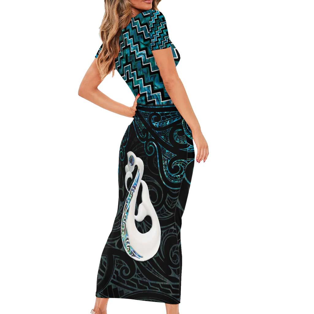 New Zealand Maori Short Sleeve Bodycon Dress Poutama Manaia Turquoise Paua Shell LT05 - Polynesian Pride