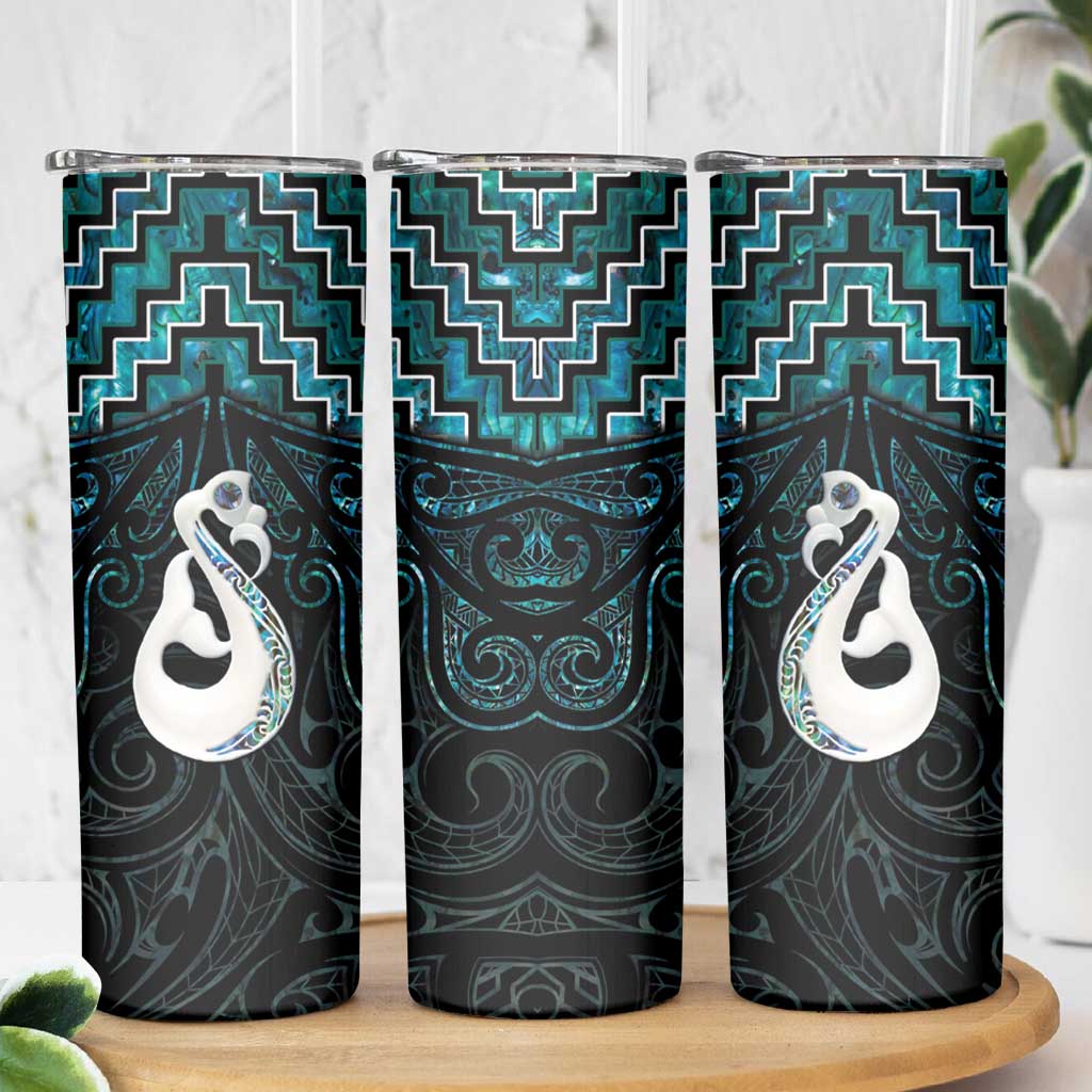 New Zealand Maori Skinny Tumbler Poutama Manaia Turquoise Paua Shell LT05 - Polynesian Pride