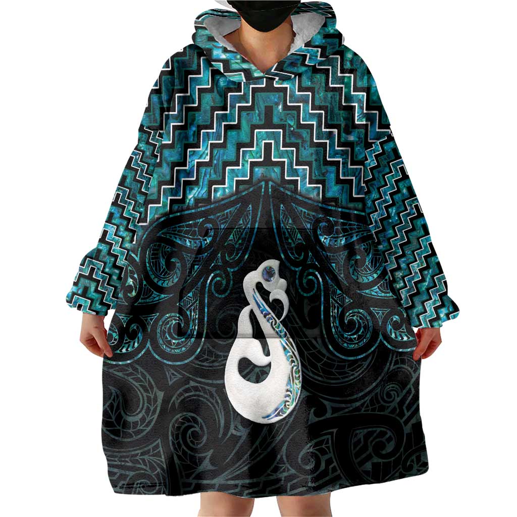 New Zealand Maori Wearable Blanket Hoodie Poutama Manaia Turquoise Paua Shell LT05 - Polynesian Pride