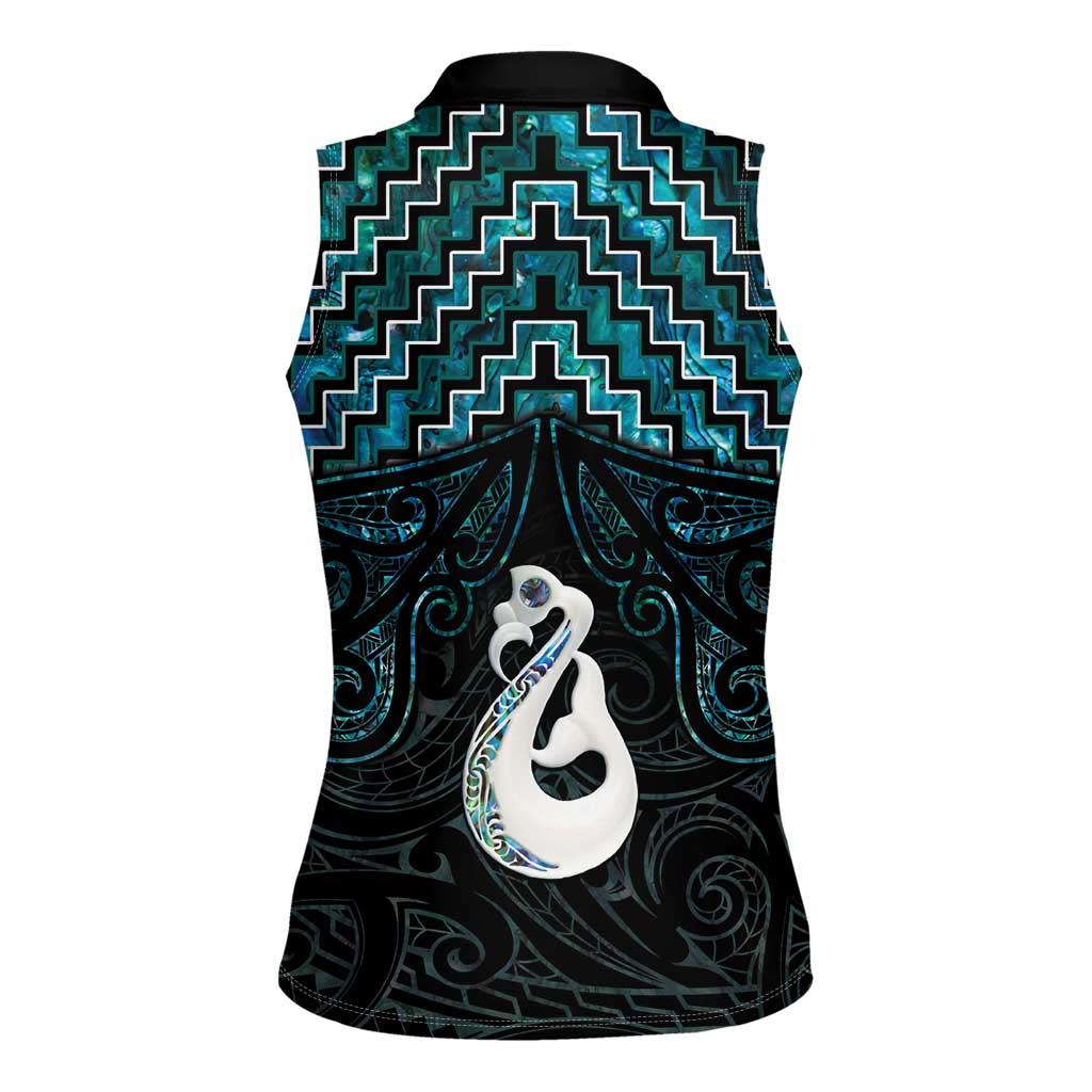 New Zealand Maori Women Sleeveless Polo Shirt Poutama Manaia Turquoise Paua Shell LT05 - Polynesian Pride