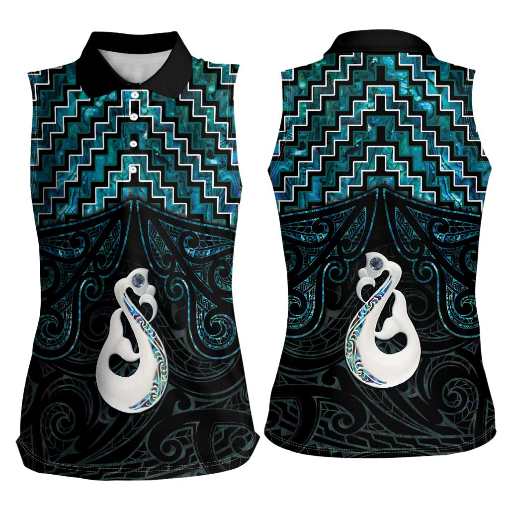 New Zealand Maori Women Sleeveless Polo Shirt Poutama Manaia Turquoise Paua Shell LT05 - Polynesian Pride