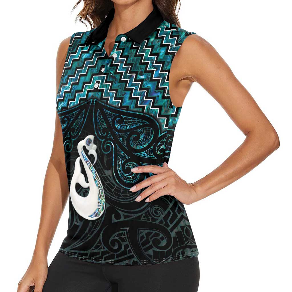 New Zealand Maori Women Sleeveless Polo Shirt Poutama Manaia Turquoise Paua Shell LT05 - Polynesian Pride