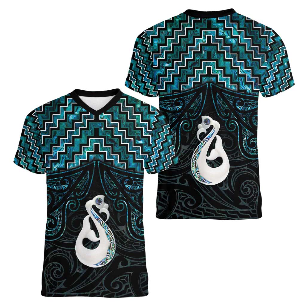 New Zealand Maori Women V-Neck T-Shirt Poutama Manaia Turquoise Paua Shell LT05 - Polynesian Pride