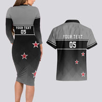 Custom New Zealand Cricket Couples Matching Long Sleeve Bodycon Dress and Hawaiian Shirt Black Cap Unbeatable LT05 - Polynesian Pride