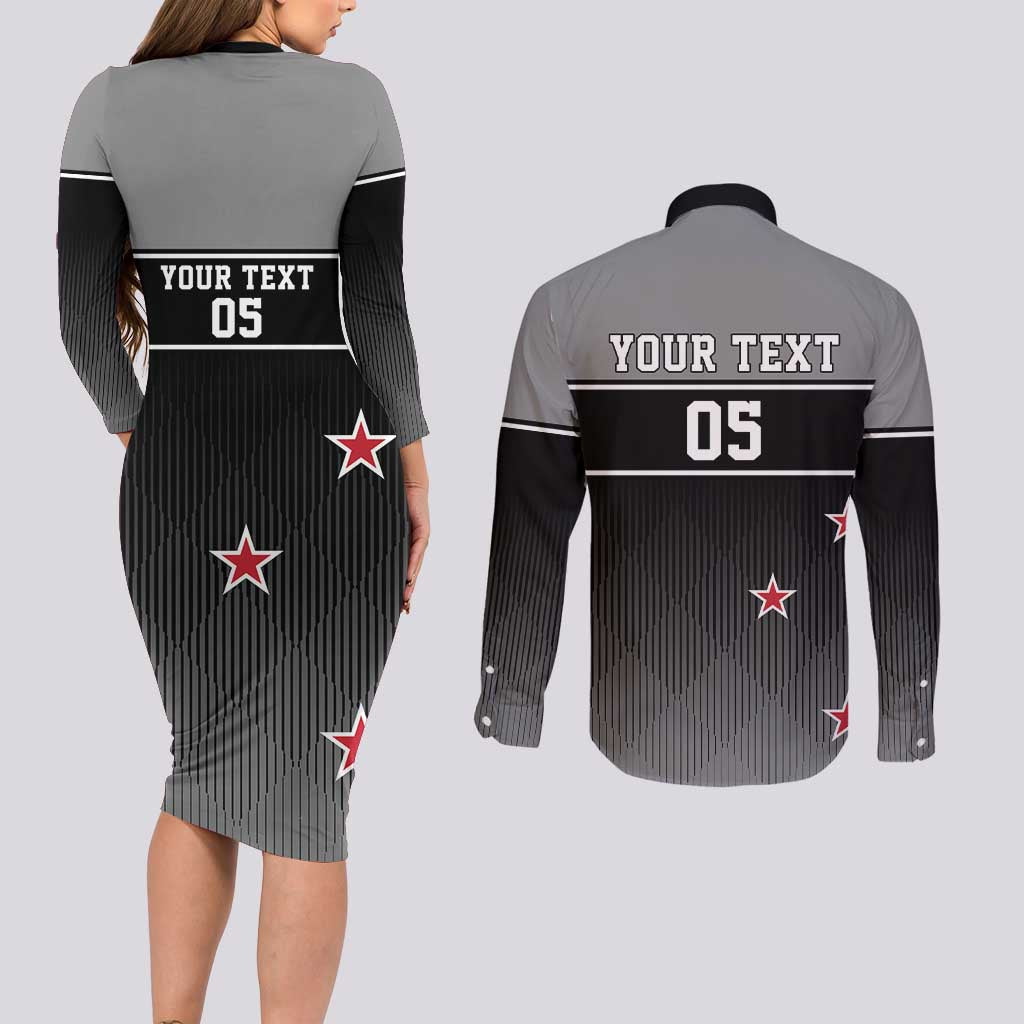 Custom New Zealand Cricket Couples Matching Long Sleeve Bodycon Dress and Long Sleeve Button Shirt Black Cap Unbeatable LT05 - Polynesian Pride