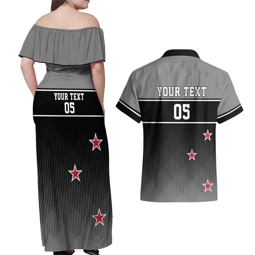 Custom New Zealand Cricket Couples Matching Off Shoulder Maxi Dress and Hawaiian Shirt Black Cap Unbeatable LT05 - Polynesian Pride