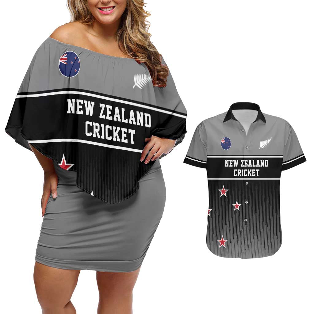 Custom New Zealand Cricket Couples Matching Off Shoulder Short Dress and Hawaiian Shirt Black Cap Unbeatable LT05 Black - Polynesian Pride