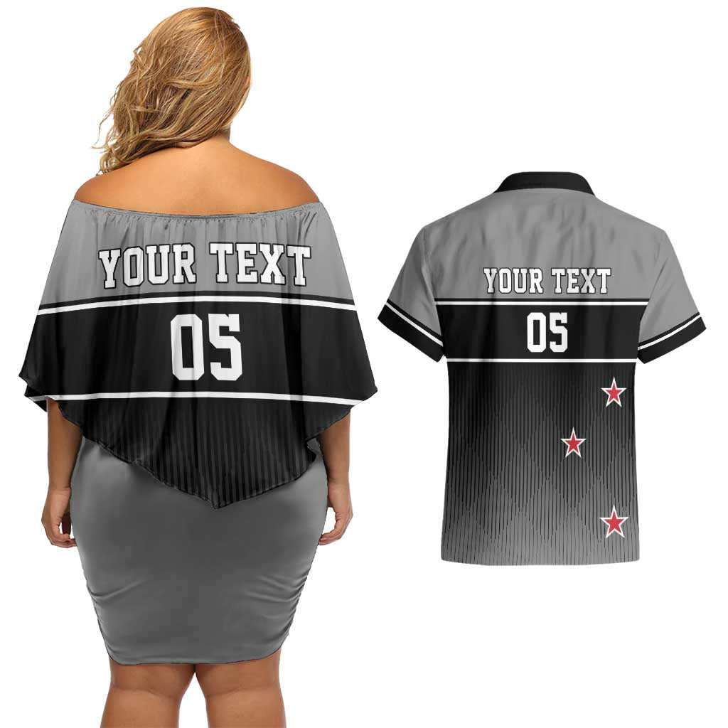 Custom New Zealand Cricket Couples Matching Off Shoulder Short Dress and Hawaiian Shirt Black Cap Unbeatable LT05 - Polynesian Pride