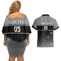Custom New Zealand Cricket Couples Matching Off Shoulder Short Dress and Hawaiian Shirt Black Cap Unbeatable LT05 - Polynesian Pride
