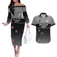 Custom New Zealand Cricket Couples Matching Off The Shoulder Long Sleeve Dress and Hawaiian Shirt Black Cap Unbeatable LT05 Black - Polynesian Pride