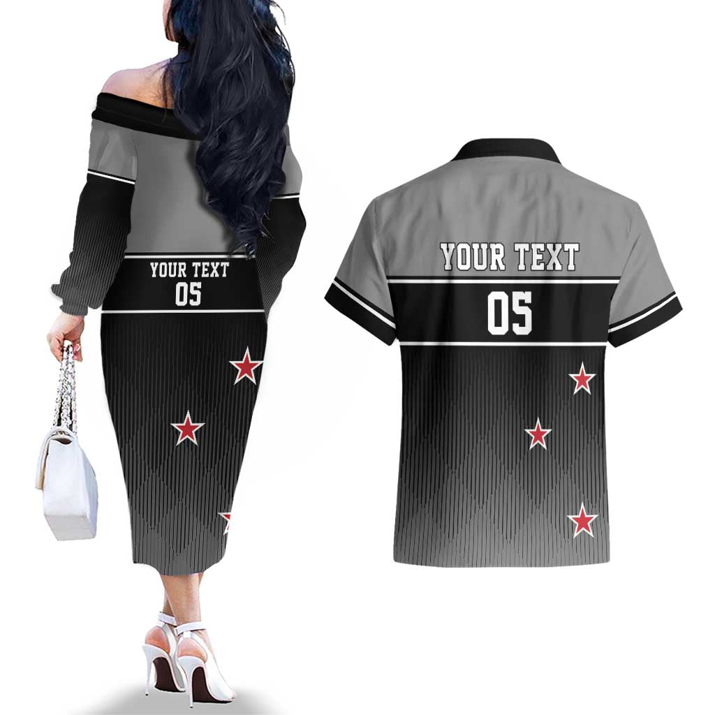Custom New Zealand Cricket Couples Matching Off The Shoulder Long Sleeve Dress and Hawaiian Shirt Black Cap Unbeatable LT05 - Polynesian Pride