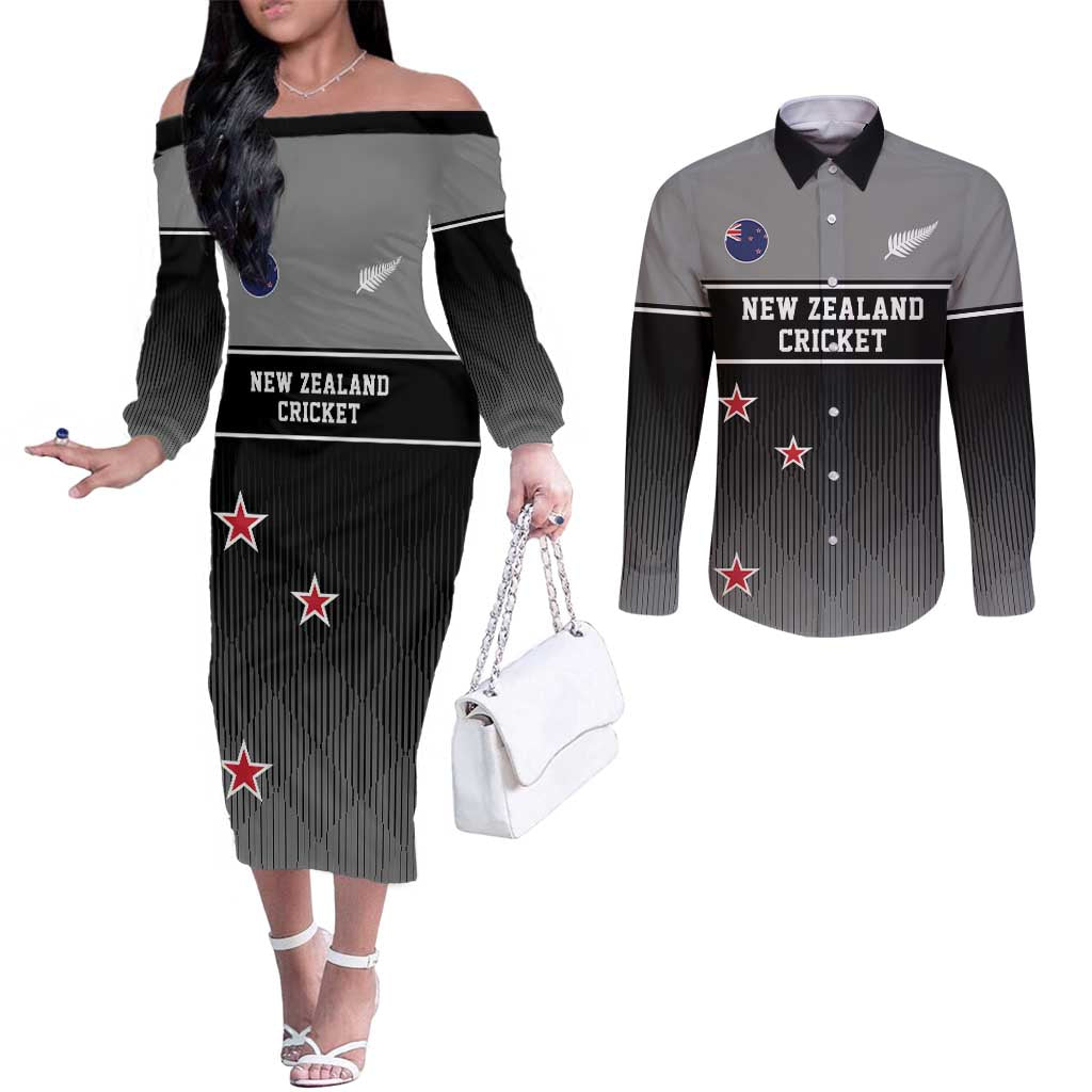 Custom New Zealand Cricket Couples Matching Off The Shoulder Long Sleeve Dress and Long Sleeve Button Shirt Black Cap Unbeatable LT05 Black - Polynesian Pride