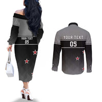 Custom New Zealand Cricket Couples Matching Off The Shoulder Long Sleeve Dress and Long Sleeve Button Shirt Black Cap Unbeatable LT05 - Polynesian Pride