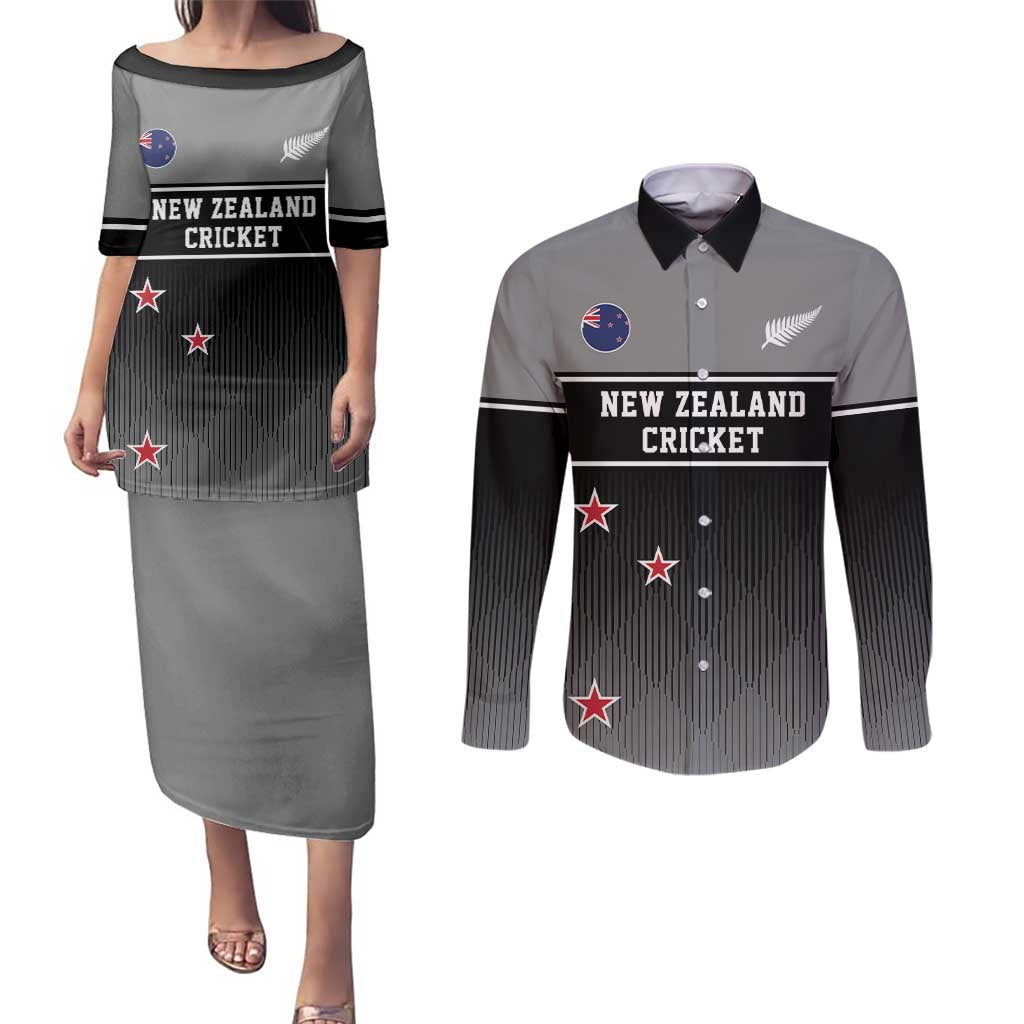 Custom New Zealand Cricket Couples Matching Puletasi and Long Sleeve Button Shirt Black Cap Unbeatable LT05 Black - Polynesian Pride