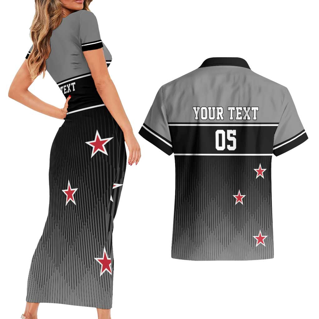 Custom New Zealand Cricket Couples Matching Short Sleeve Bodycon Dress and Hawaiian Shirt Black Cap Unbeatable LT05 - Polynesian Pride