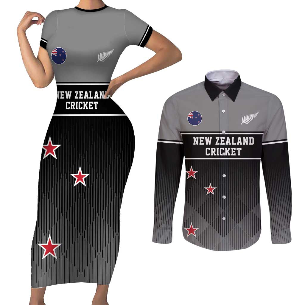 Custom New Zealand Cricket Couples Matching Short Sleeve Bodycon Dress and Long Sleeve Button Shirt Black Cap Unbeatable LT05 Black - Polynesian Pride