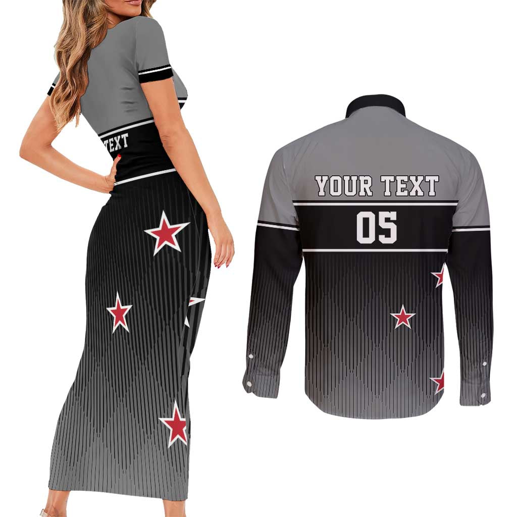 Custom New Zealand Cricket Couples Matching Short Sleeve Bodycon Dress and Long Sleeve Button Shirt Black Cap Unbeatable LT05 - Polynesian Pride