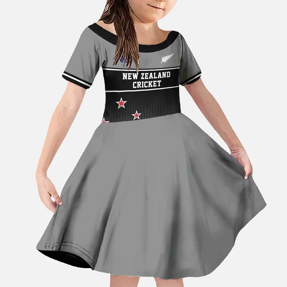 Custom New Zealand Cricket Family Matching Off The Shoulder Long Sleeve Dress and Hawaiian Shirt Black Cap Unbeatable LT05 Daughter's Dress Black - Polynesian Pride