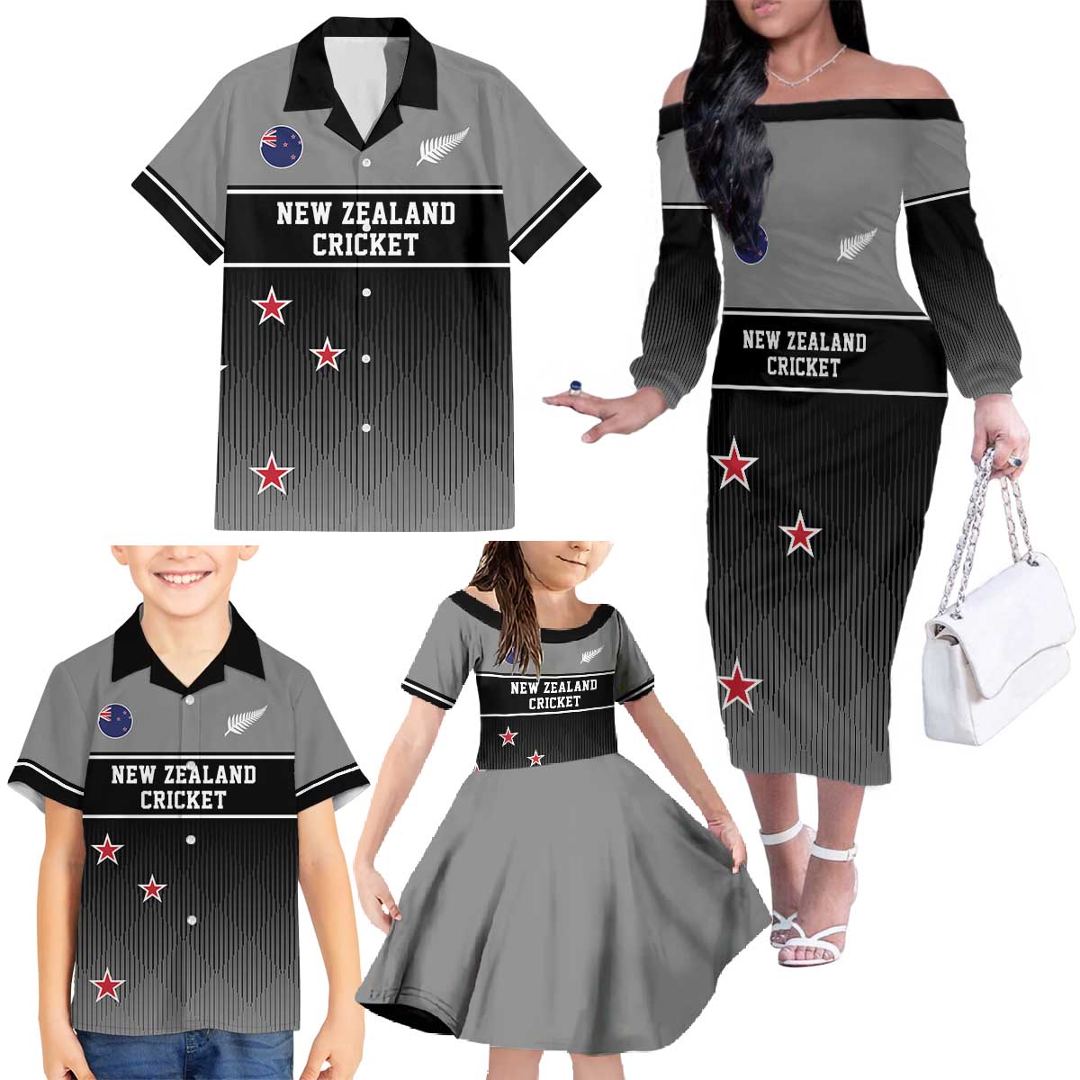 Custom New Zealand Cricket Family Matching Off The Shoulder Long Sleeve Dress and Hawaiian Shirt Black Cap Unbeatable LT05 - Polynesian Pride