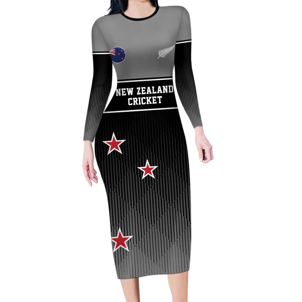 Custom New Zealand Cricket Long Sleeve Bodycon Dress Black Cap Unbeatable LT05 Long Dress Black - Polynesian Pride