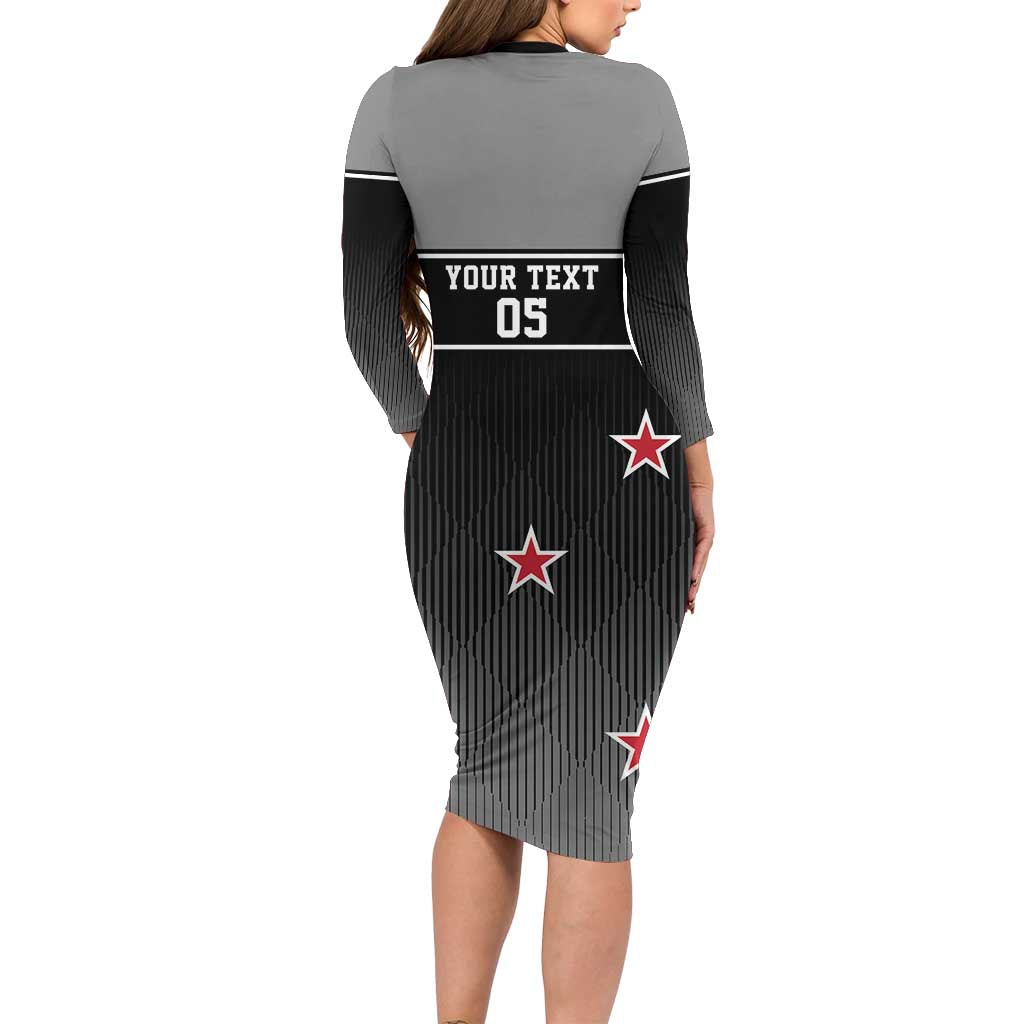 Custom New Zealand Cricket Long Sleeve Bodycon Dress Black Cap Unbeatable LT05 - Polynesian Pride