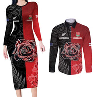 New Zealand And England Rugby Custom Couples Matching Long Sleeve Bodycon Dress and Long Sleeve Button Shirt Red Rose Mix Maori Pattern LT05 Black - Polynesian Pride