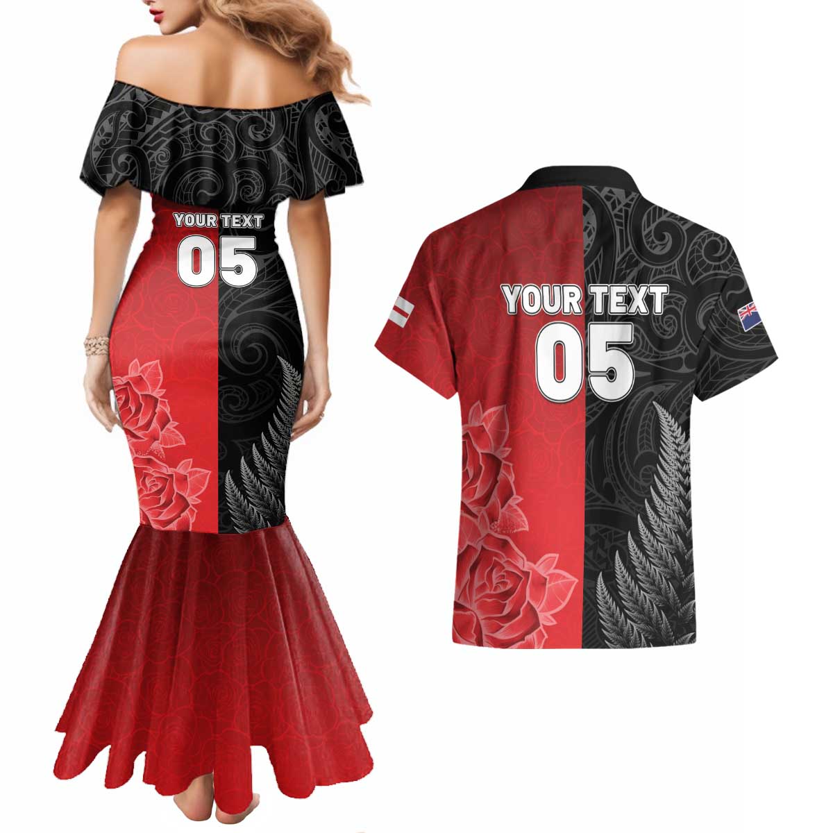 New Zealand And England Rugby Custom Couples Matching Mermaid Dress and Hawaiian Shirt Red Rose Mix Maori Pattern LT05 - Polynesian Pride